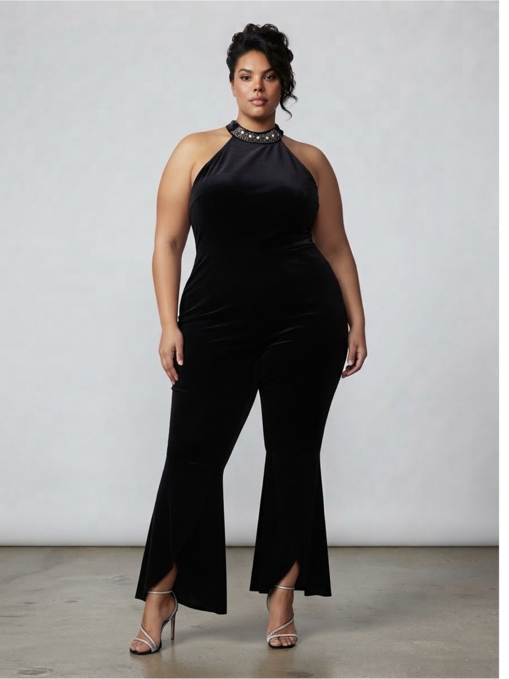 Venus Plus Size Black Velvet Halter Jumpsuit with Embellished Neck